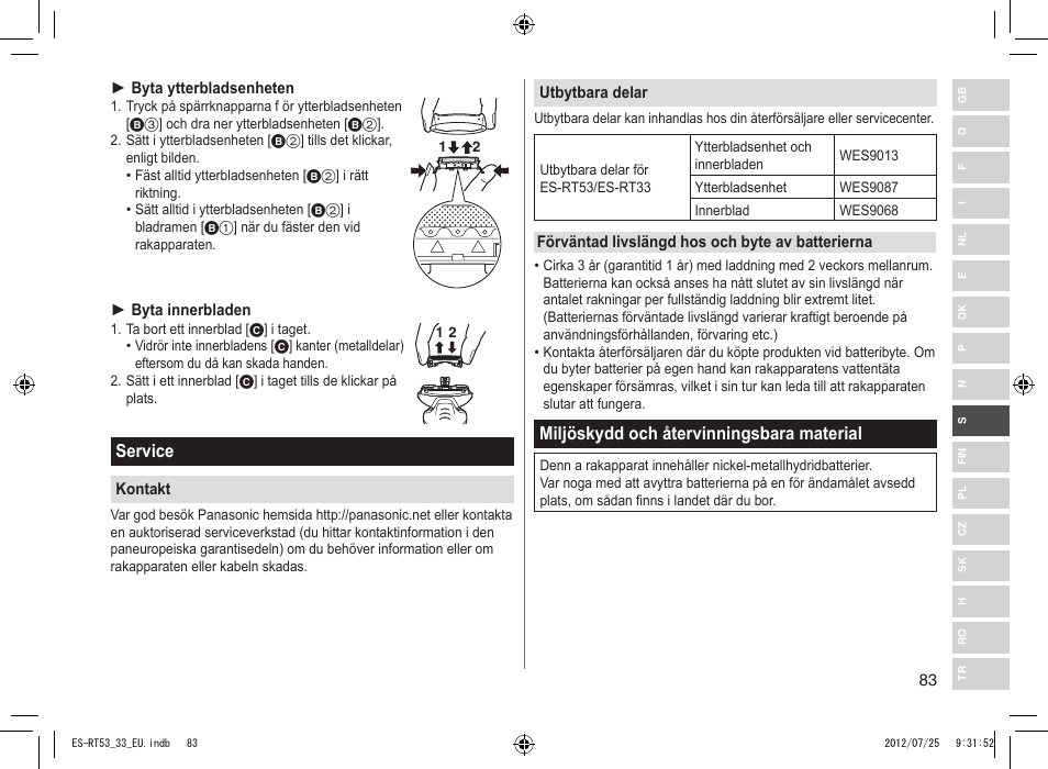 Service, Miljöskydd och återvinningsbara material | Panasonic ESRT53 User Manual | Page 83 / 142