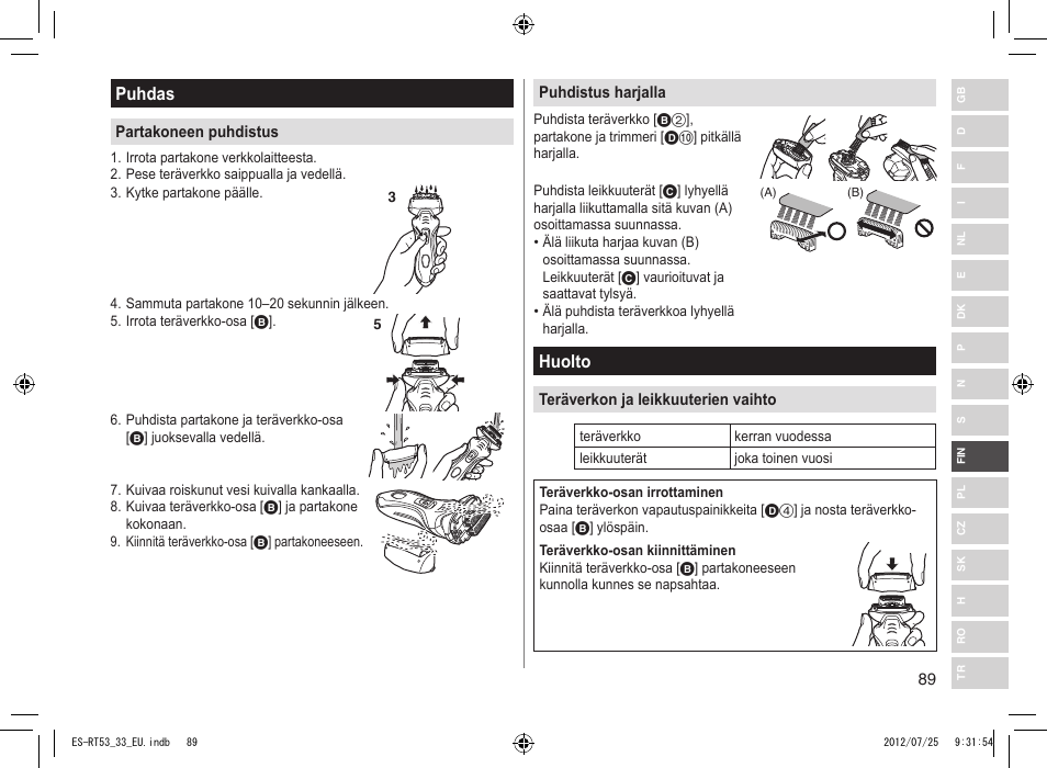 Puhdas, Huolto | Panasonic ESRT53 User Manual | Page 89 / 142