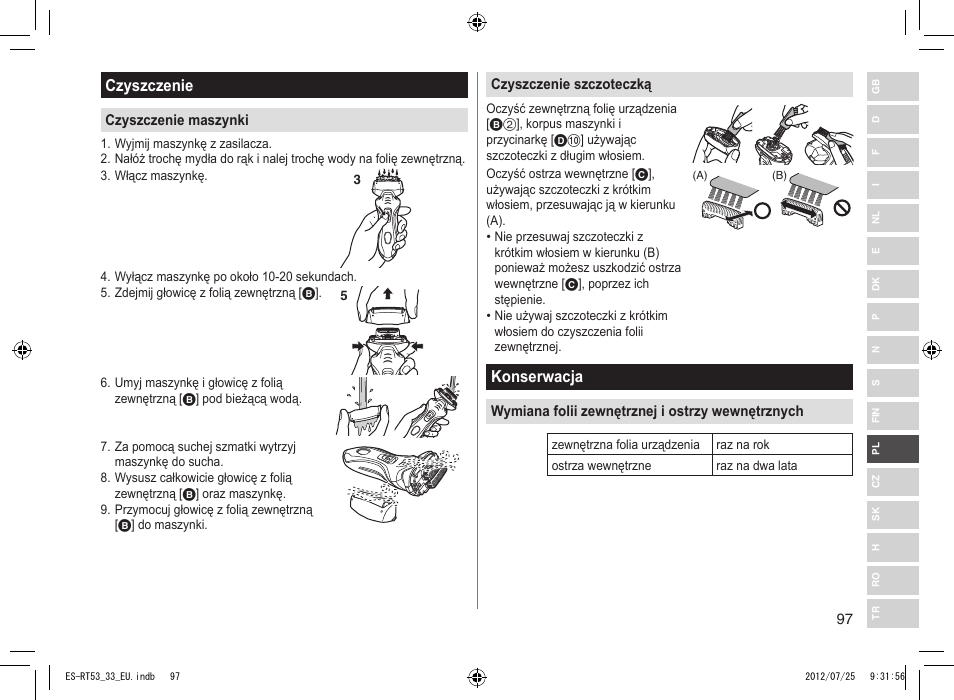 Czyszczenie, Konserwacja | Panasonic ESRT53 User Manual | Page 97 / 142