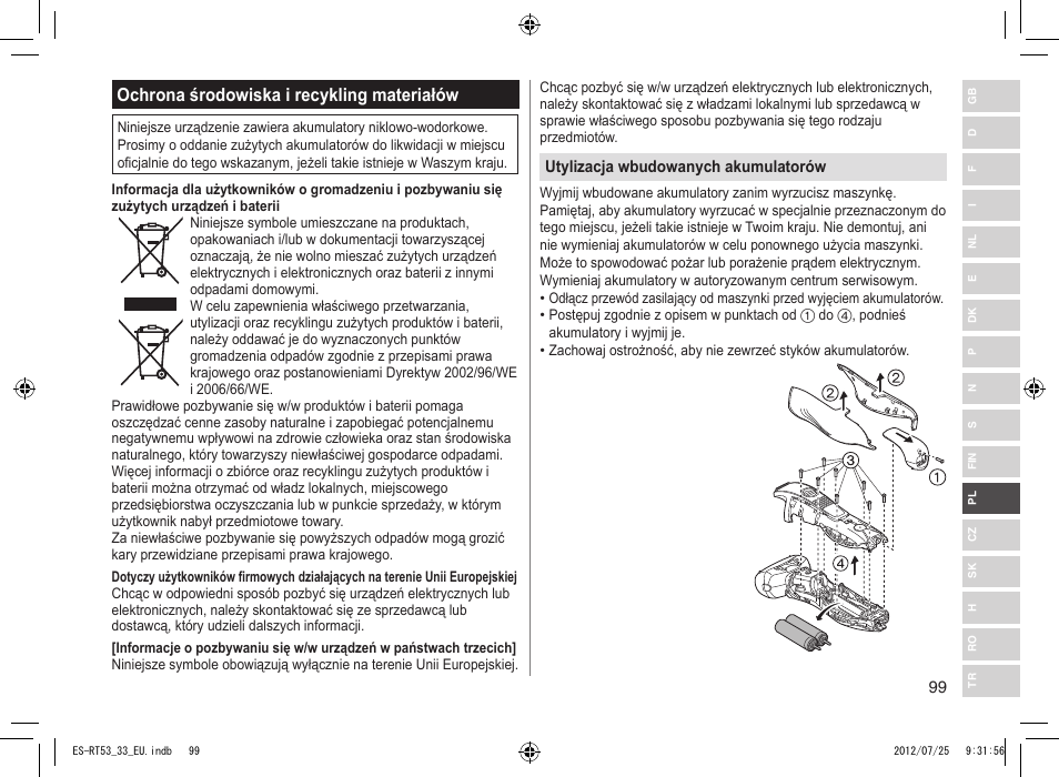 Ochrona środowiska i recykling materiałów | Panasonic ESRT53 User Manual | Page 99 / 142