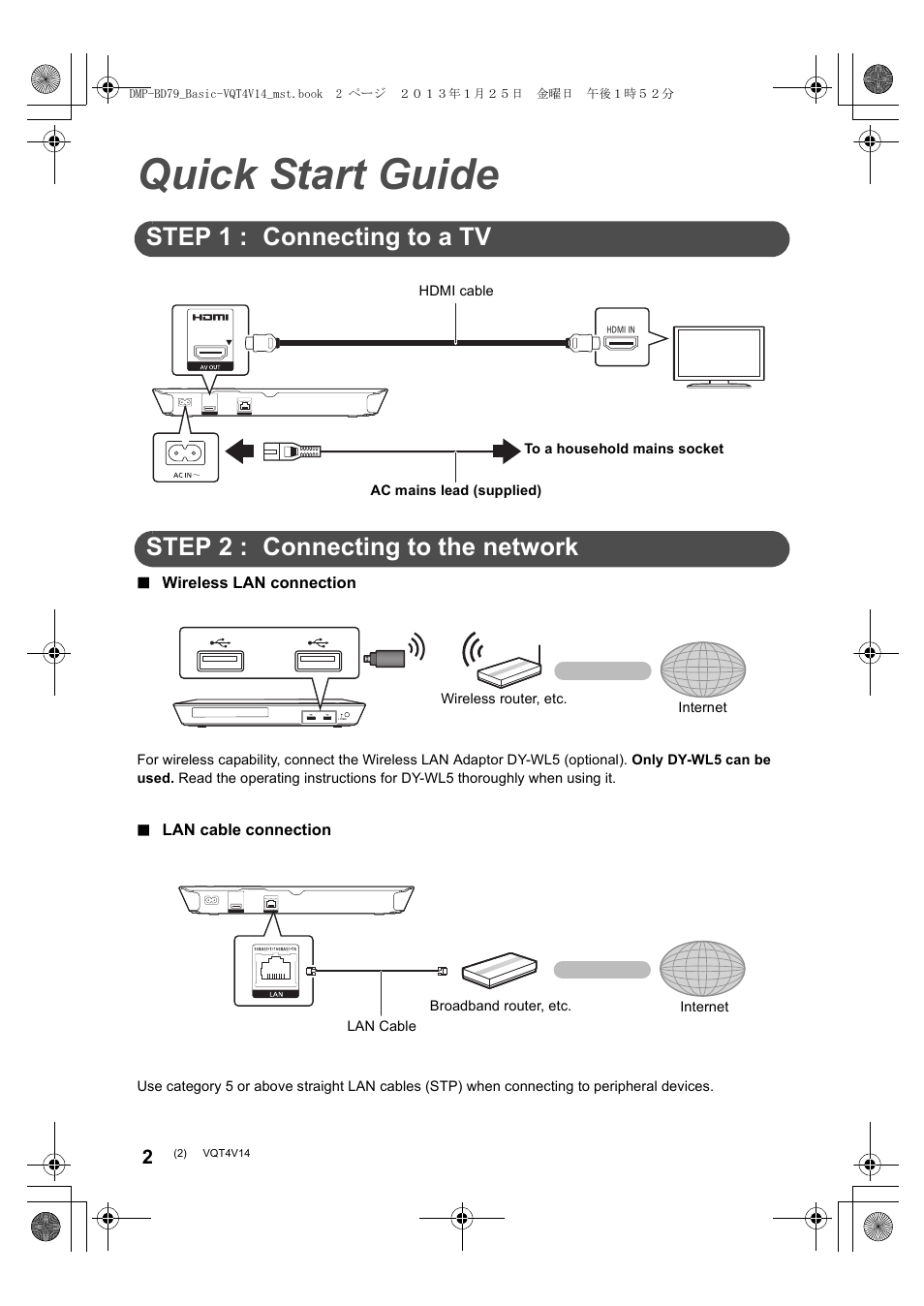 Quick start guide, Step 1 : connecting to a tv, Step 2 : connecting to the network | Panasonic DMPBD79EG User Manual | Page 2 / 68