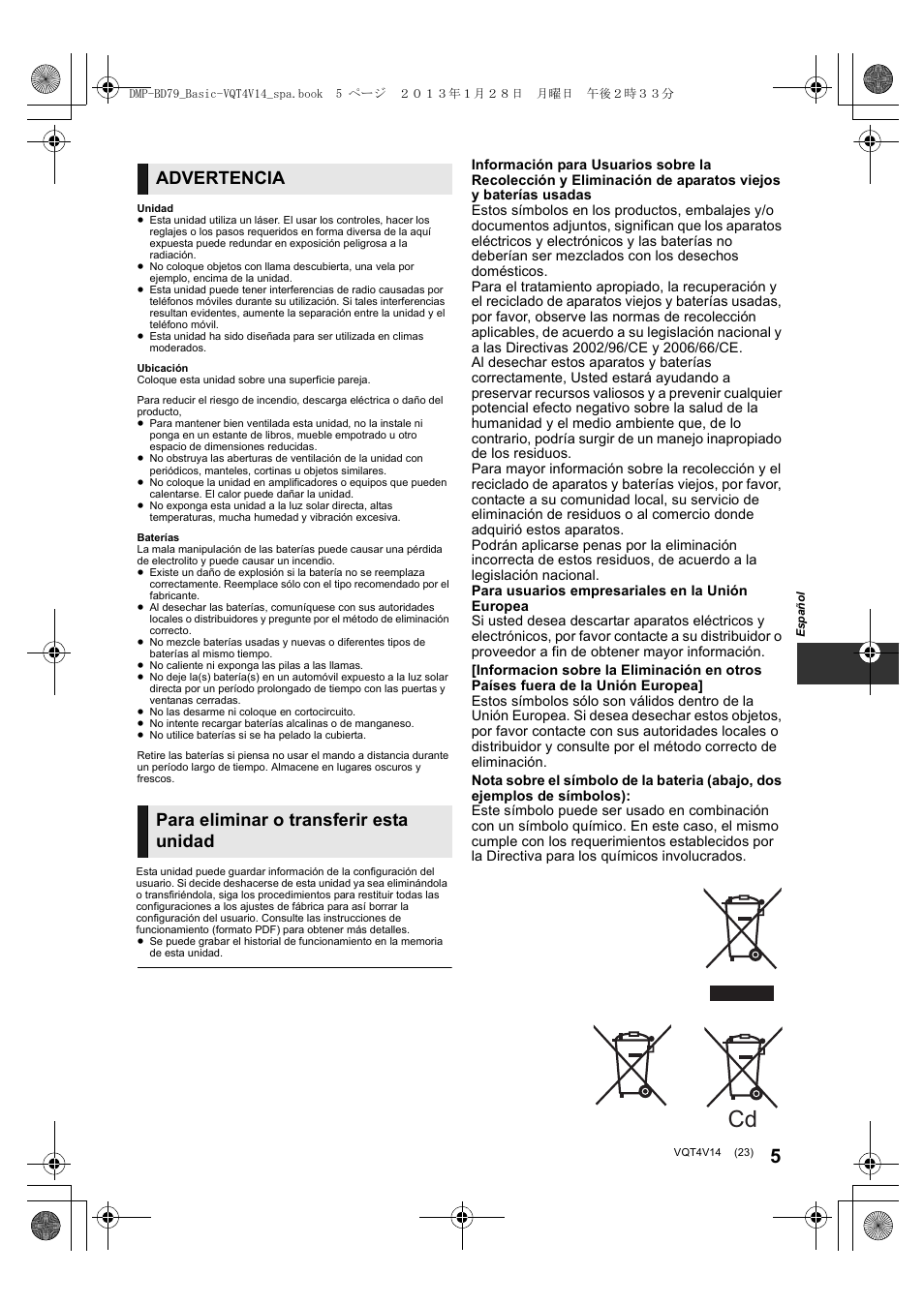 Advertencia, Para eliminar o transferir esta unidad | Panasonic DMPBD79EG User Manual | Page 23 / 68