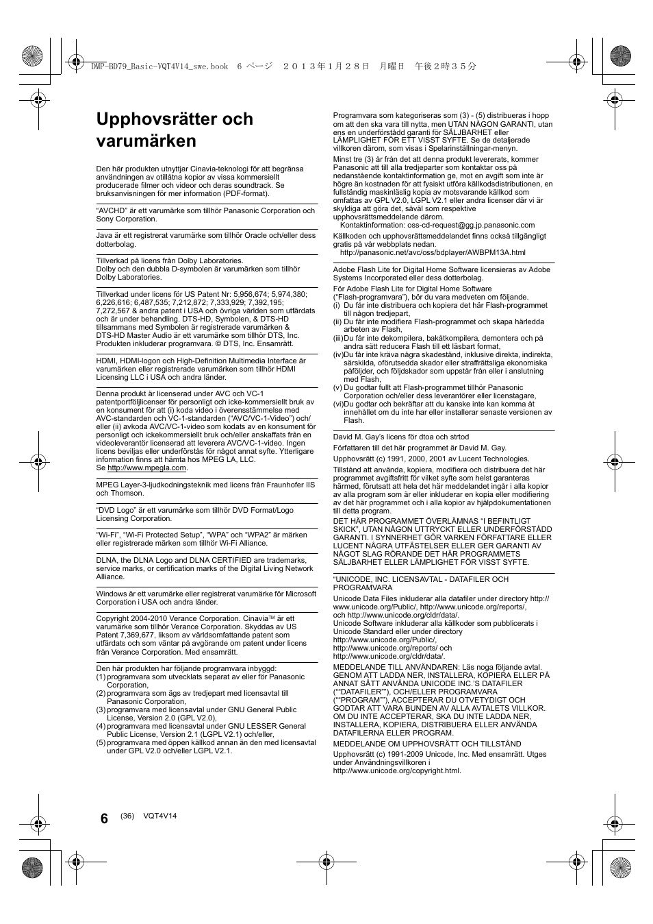 Upphovsrätter och varumärken | Panasonic DMPBD79EG User Manual | Page 36 / 68