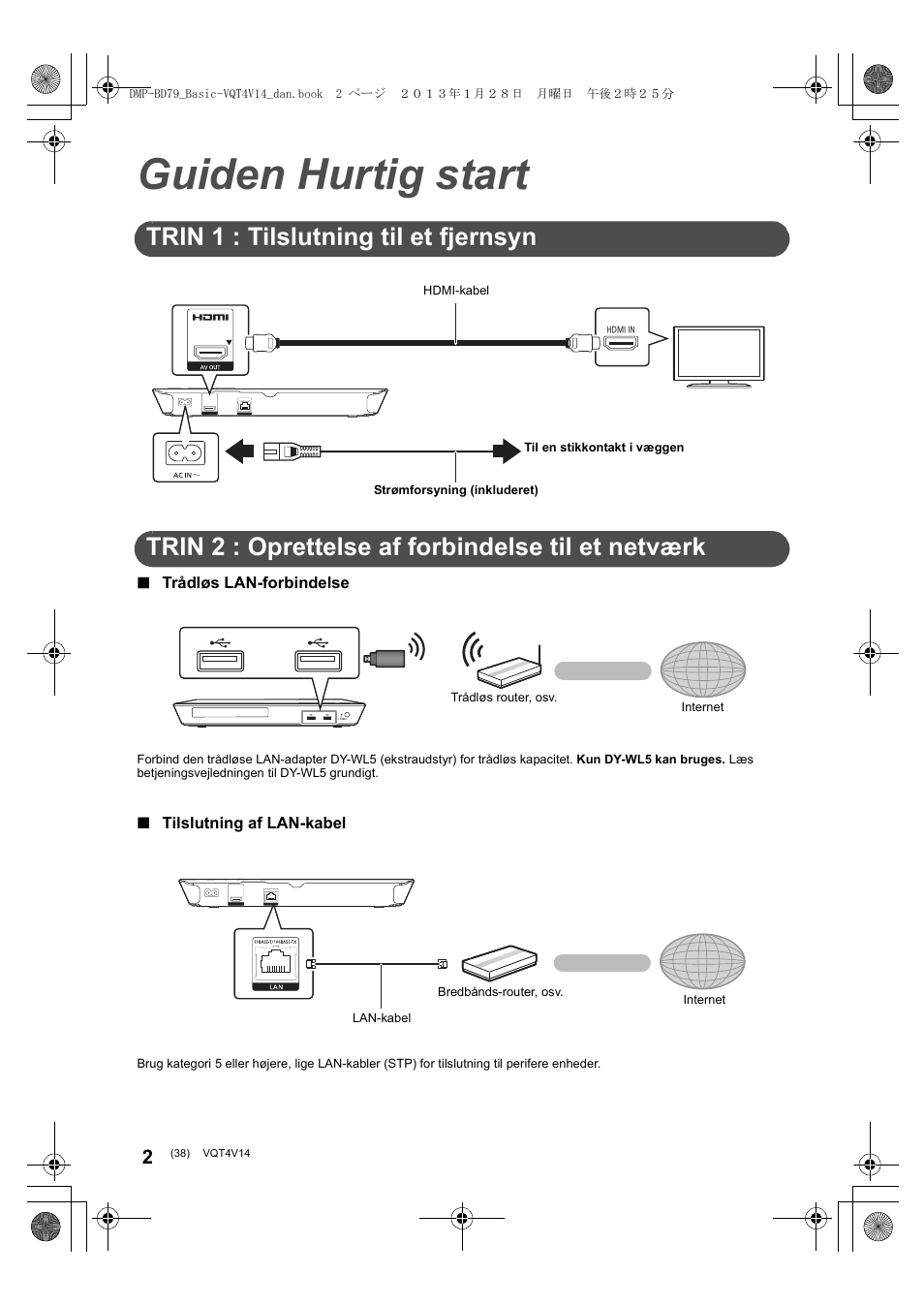 Guiden hurtig start, Trin 1 : tilslutning til et fjernsyn, Trin 2 : oprettelse af forbindelse til et netværk | Panasonic DMPBD79EG User Manual | Page 38 / 68