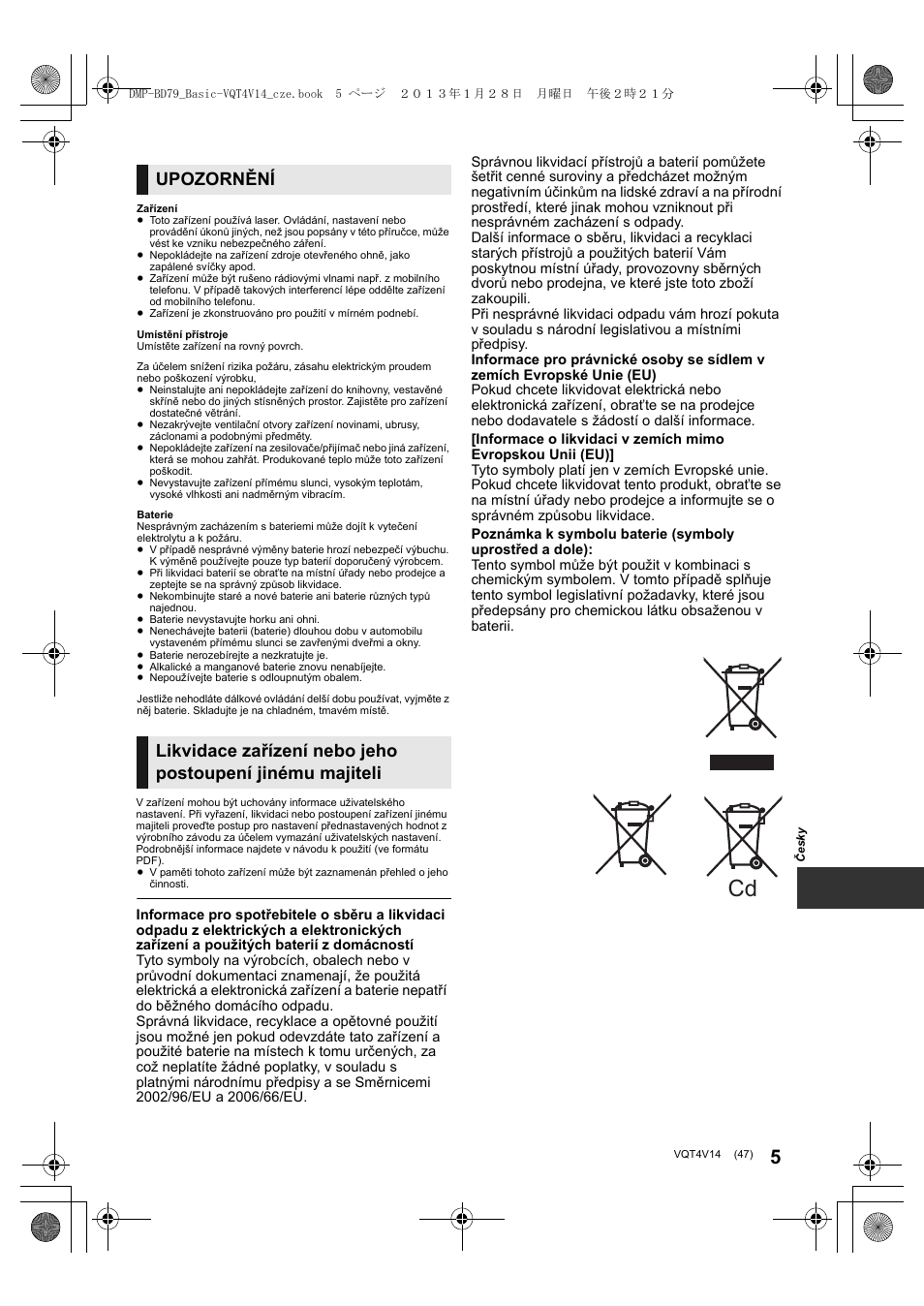 Upozornění | Panasonic DMPBD79EG User Manual | Page 47 / 68