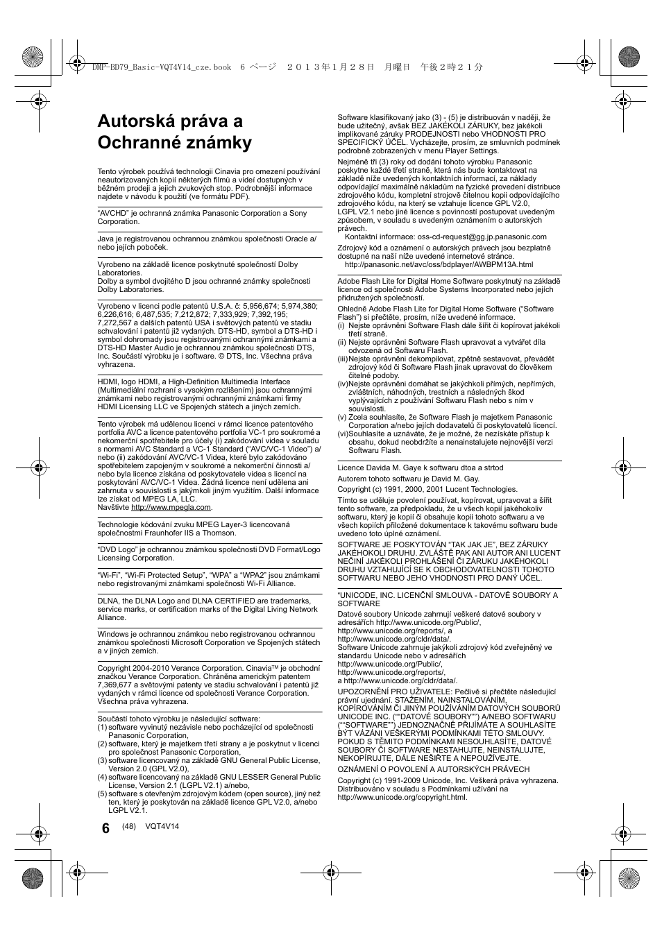 Autorská práva a ochranné známky | Panasonic DMPBD79EG User Manual | Page 48 / 68