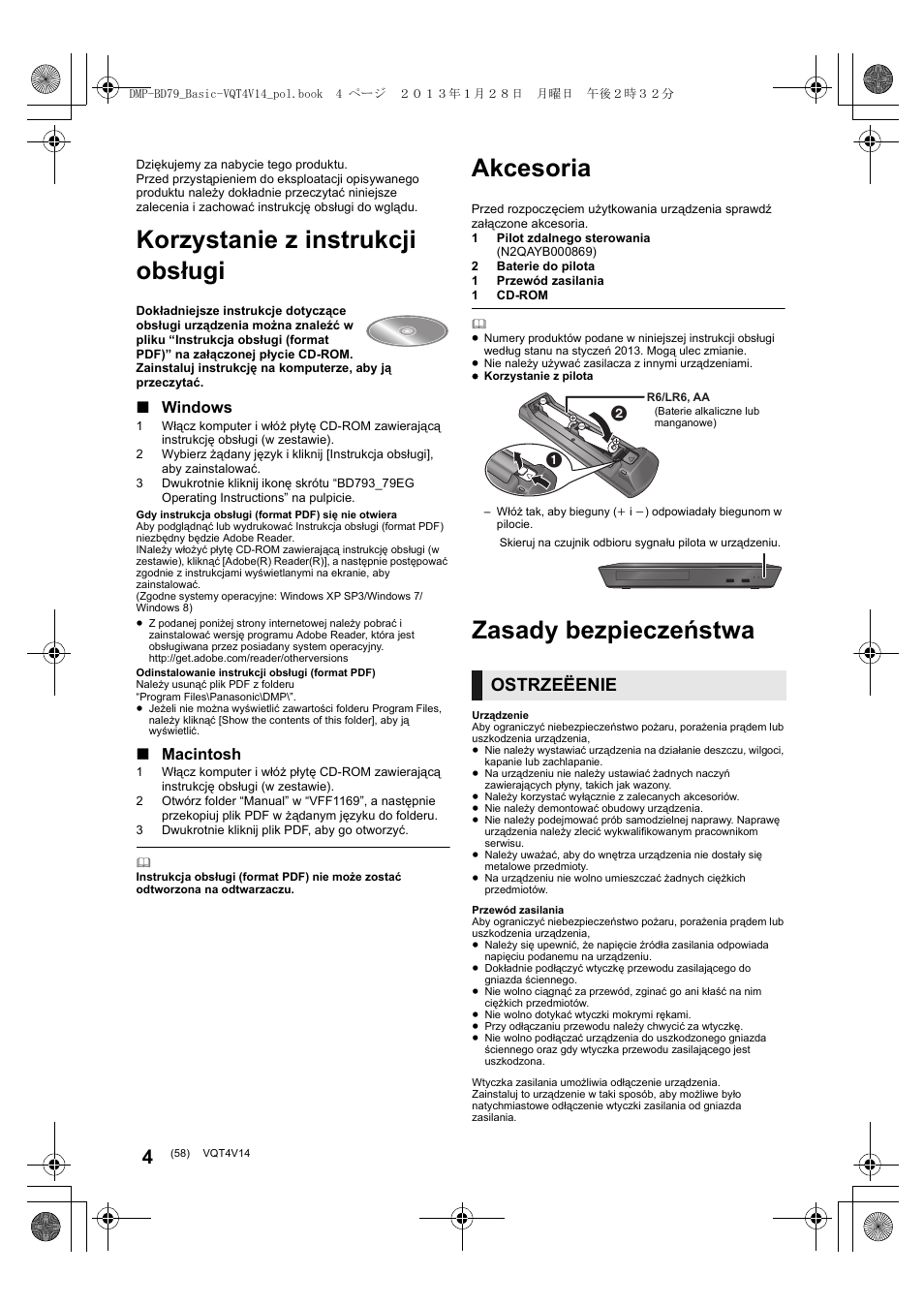 Korzystanie z instrukcji obsługi, Akcesoria, Zasady bezpieczeństwa | Ostrzeëenie, Windows, Macintosh | Panasonic DMPBD79EG User Manual | Page 58 / 68