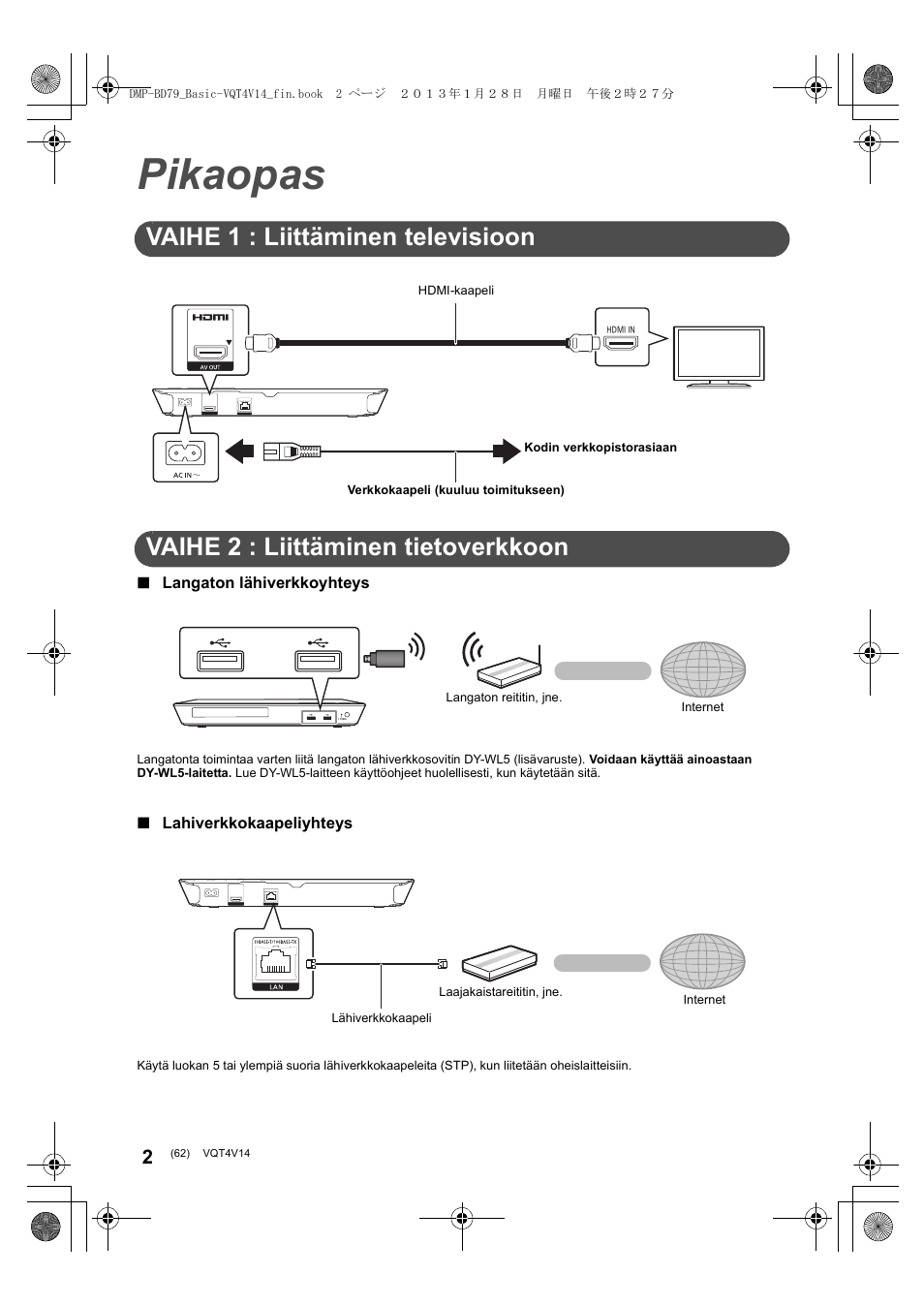 Pikaopas, Vaihe 1 : liittäminen televisioon, Vaihe 2 : liittäminen tietoverkkoon | Panasonic DMPBD79EG User Manual | Page 62 / 68