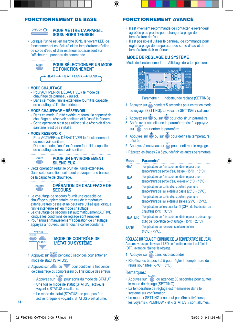 Fonctionnement de base, Pour mettre l’appareil sous/ hors tension, Pour sélectionner un mode de fonctionnement | Pour un environnement silencieux, Opération de chauffage de secours, Mode de contrôle de l’état du système, Mode de réglage du système, Remarques, Fonctionnement avancé | Panasonic LIAC7IM3 User Manual | Page 14 / 36