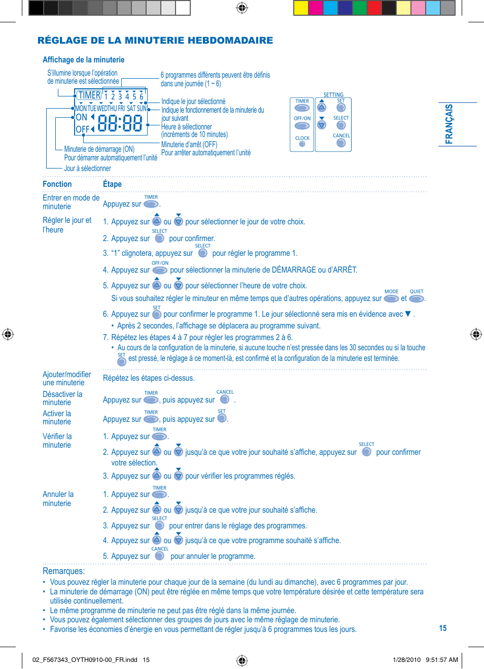 Français, Réglage de la minuterie hebdomadaire remarques | Panasonic LIAC7IM3 User Manual | Page 15 / 36
