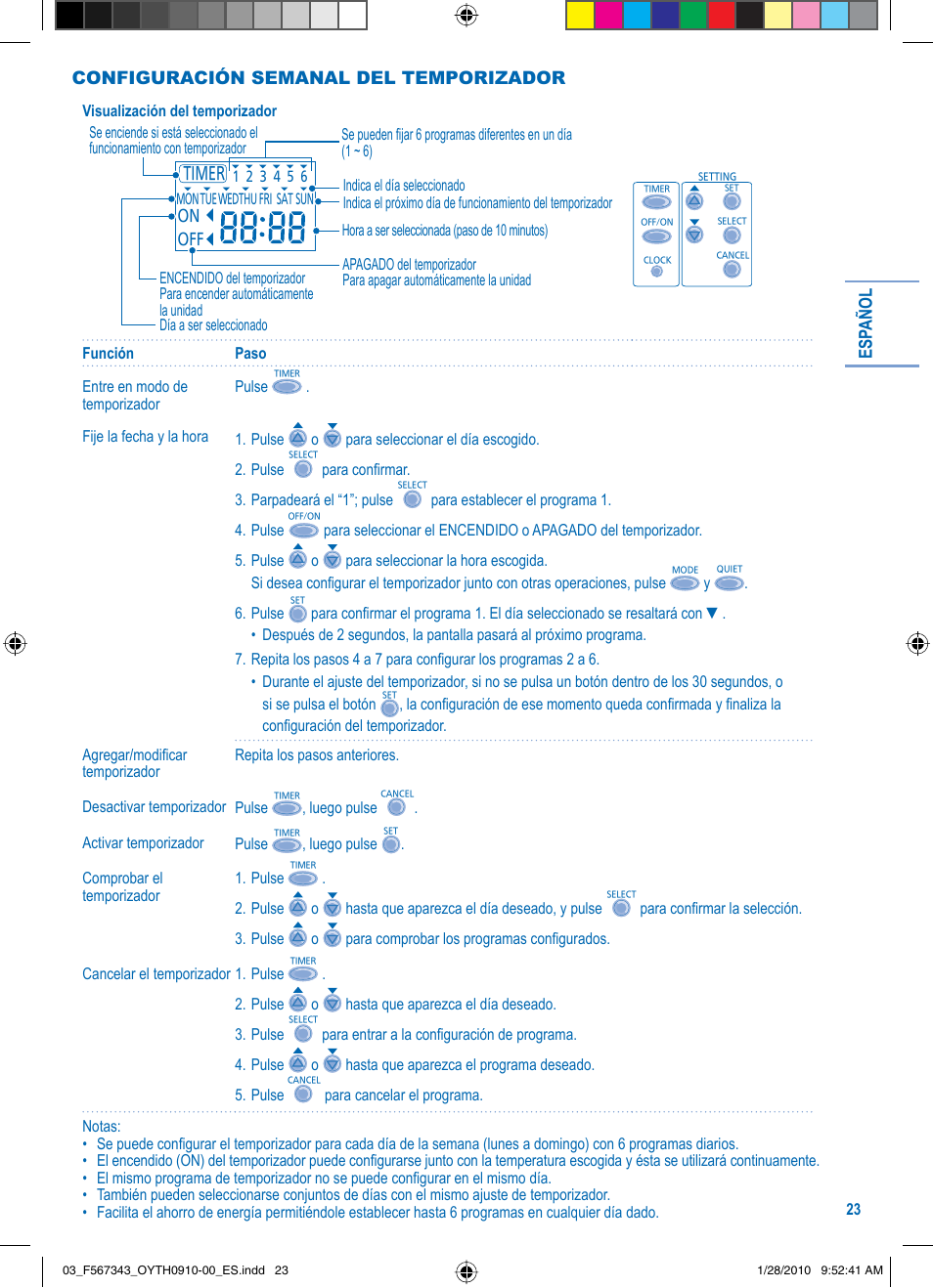 Esp añol, Configuración semanal del temporizador | Panasonic LIAC7IM3 User Manual | Page 23 / 36