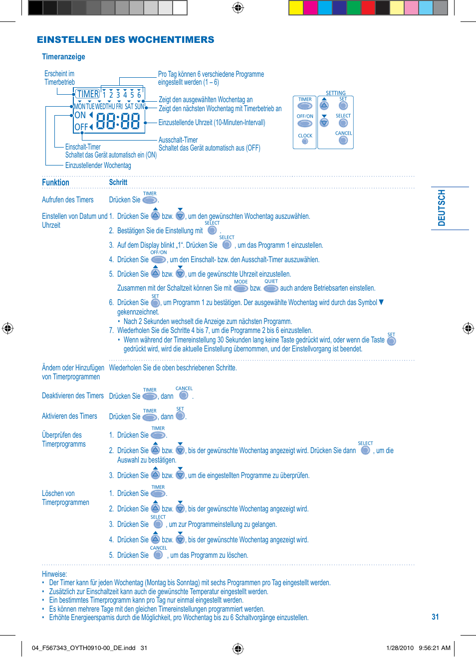 Deutsch, Funktion, Einstellen des wochentimers | Panasonic LIAC7IM3 User Manual | Page 31 / 36