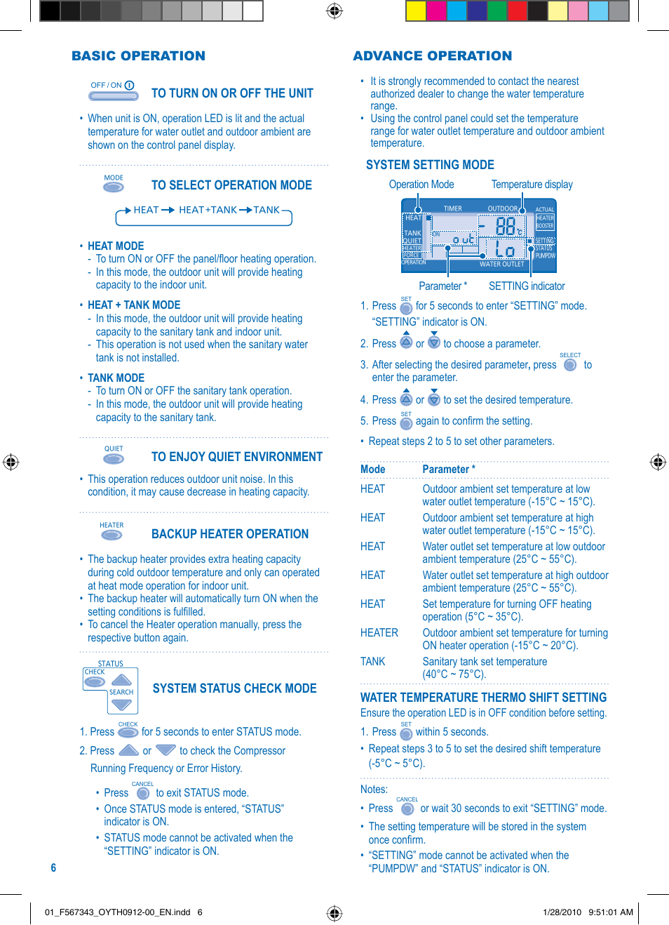 Basic operation, Backup heater operation, System status check mode | System setting mode, Water temperature thermo shift setting, Advance operation | Panasonic LIAC7IM3 User Manual | Page 6 / 36