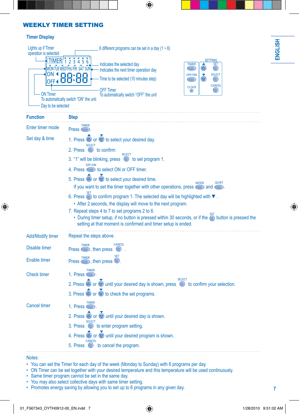 English, Weekly timer setting | Panasonic LIAC7IM3 User Manual | Page 7 / 36