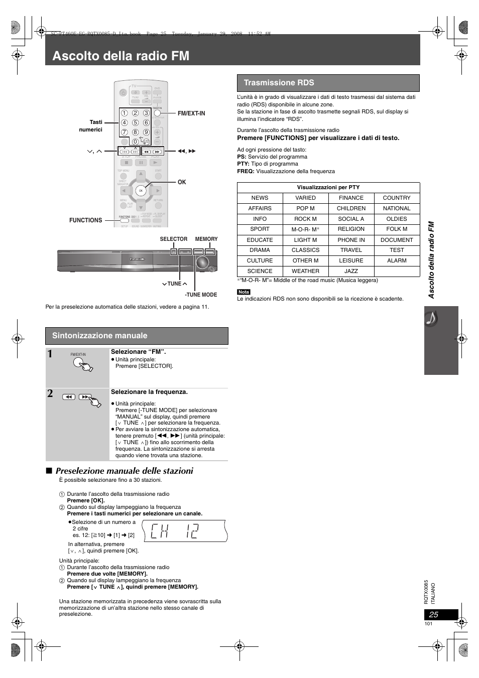 Ascolto della radio fm, Preselezione manuale delle stazioni, Sintonizzazione manuale | Trasmissione rds, Asc o lto dell a rad io fm | Panasonic SCPT460 User Manual | Page 101 / 116