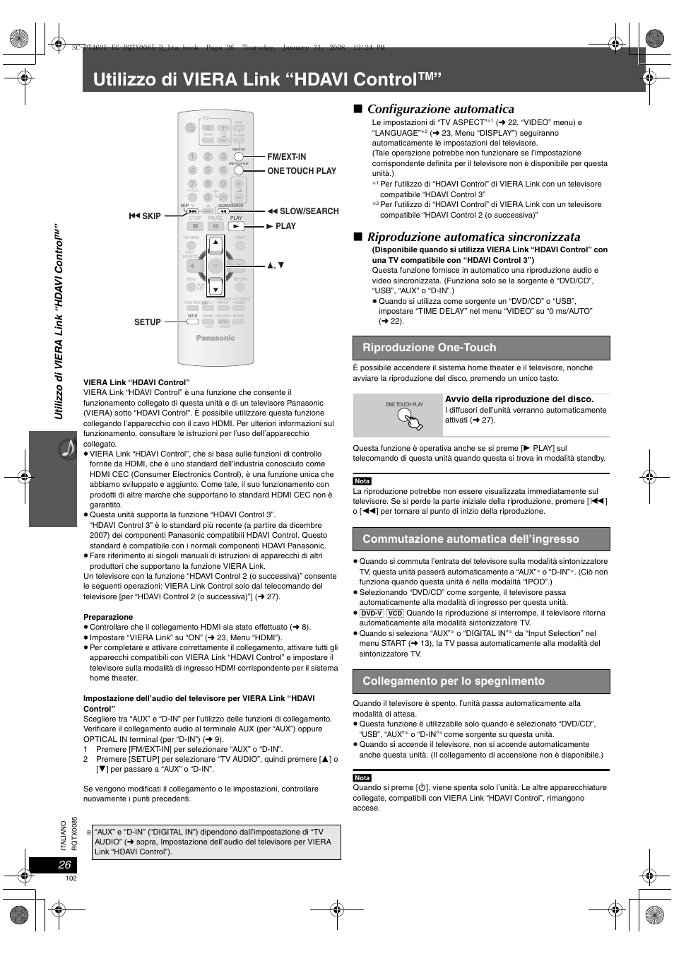 Utilizzo di viera link “hdavi control, Configurazione automatica, Riproduzione automatica sincronizzata | Riproduzione one-touch | Panasonic SCPT460 User Manual | Page 102 / 116