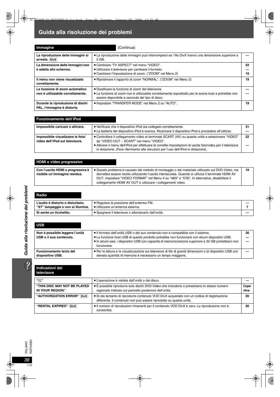 Guida alla risoluzione dei problemi | Panasonic SCPT460 User Manual | Page 112 / 116