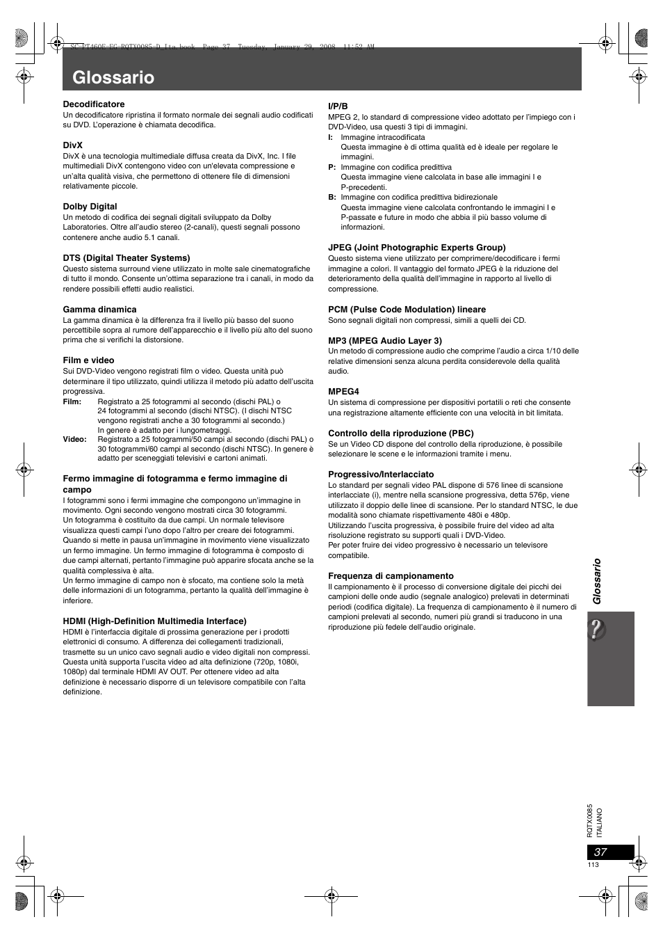 Glossario | Panasonic SCPT460 User Manual | Page 113 / 116