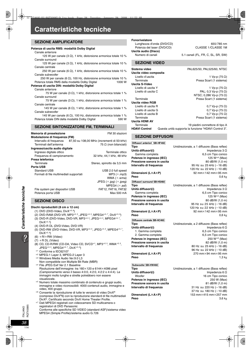 Caratteristiche tecniche | Panasonic SCPT460 User Manual | Page 114 / 116