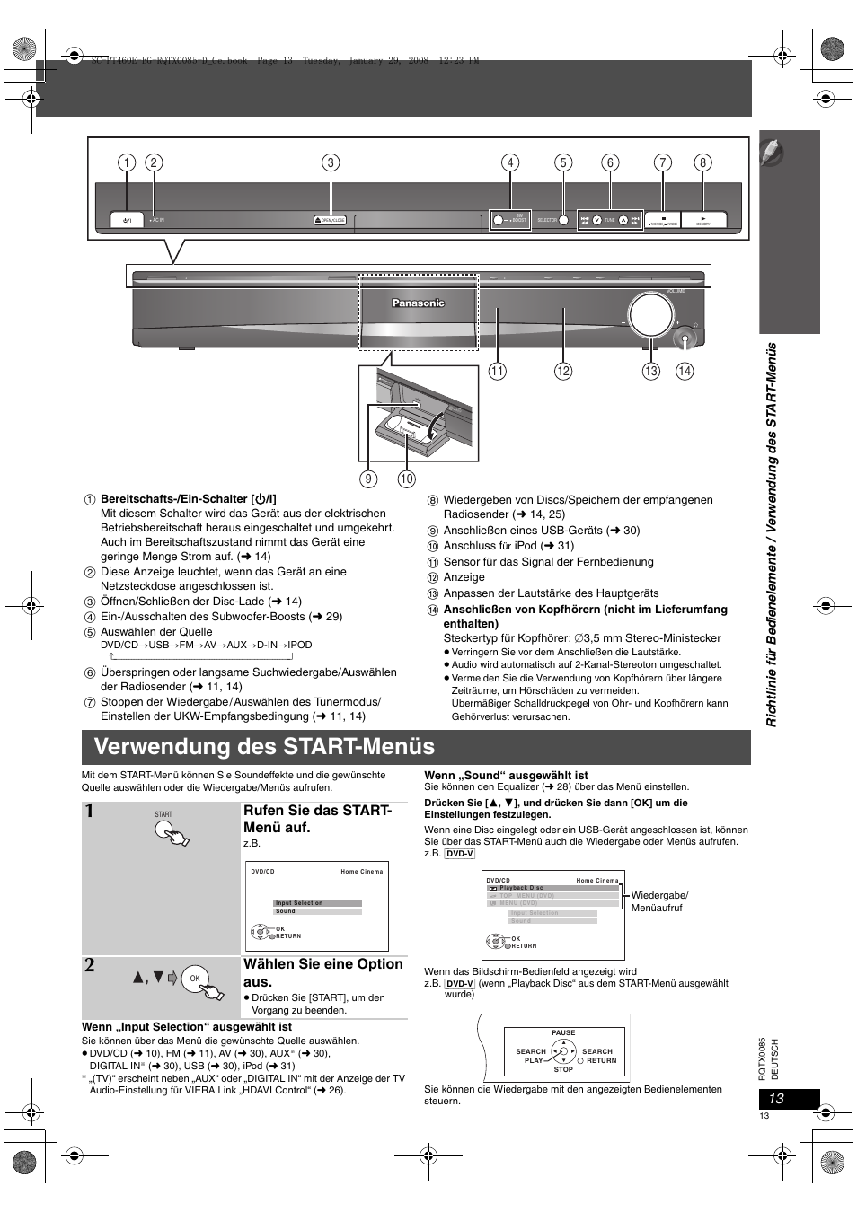 Verwendung des start-menüs, Rufen sie das start- menü auf, Wählen sie eine option aus | Panasonic SCPT460 User Manual | Page 13 / 116