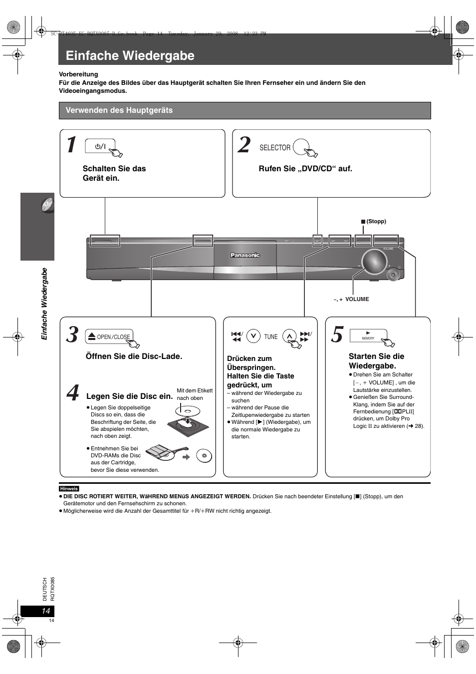 Einfache wiedergabe | Panasonic SCPT460 User Manual | Page 14 / 116