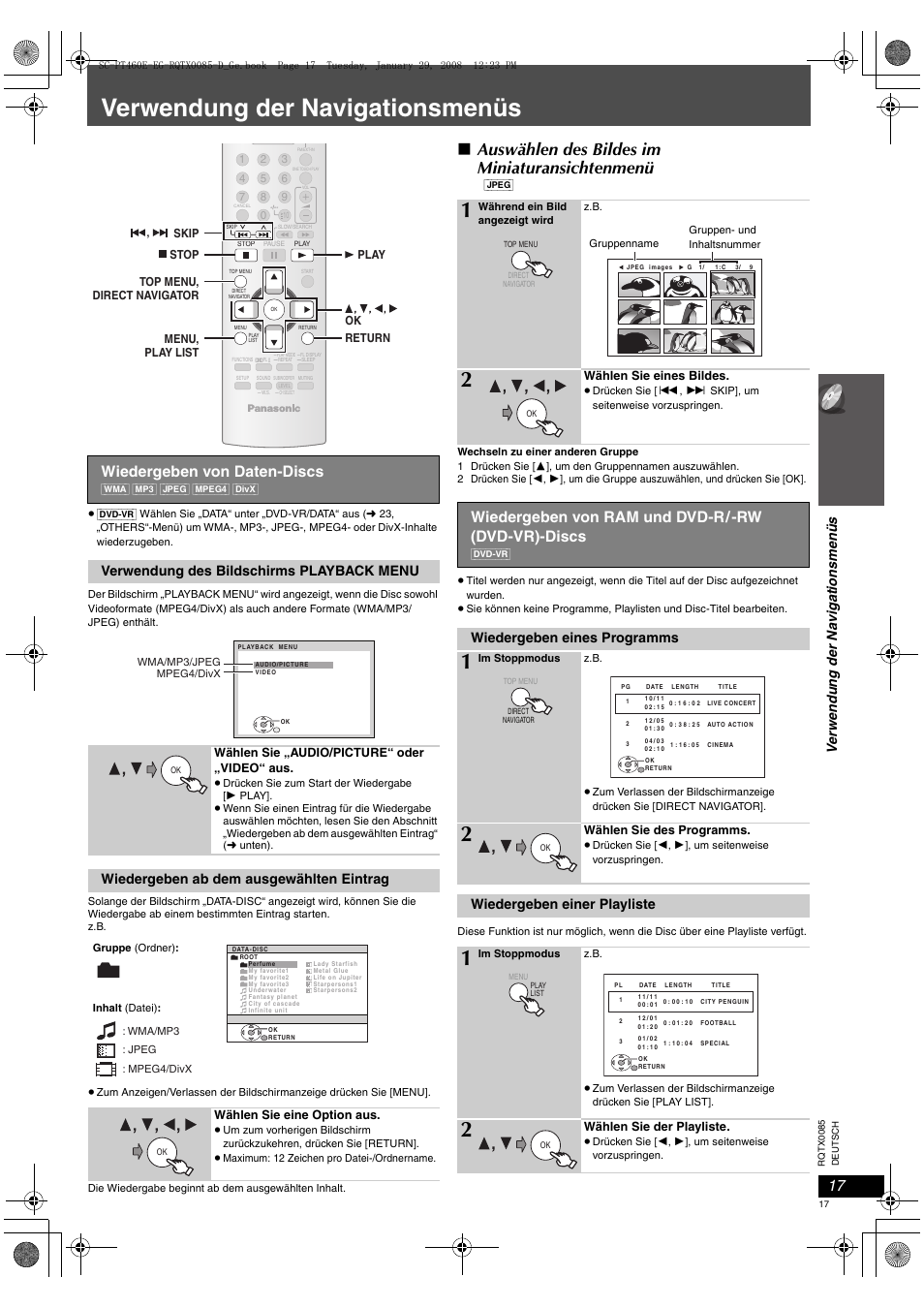 Verwendung der navigationsmenüs, Auswählen des bildes im miniaturansichtenmenü, Wiedergeben von daten-discs | Wiedergeben von ram und dvd-r/-rw (dvd-vr)-discs, Ve rwen du ng der na vigati on smenü s, Verwendung des bildschirms playback menu, Wiedergeben ab dem ausgewählten eintrag, Wiedergeben eines programms, Wiedergeben einer playliste | Panasonic SCPT460 User Manual | Page 17 / 116