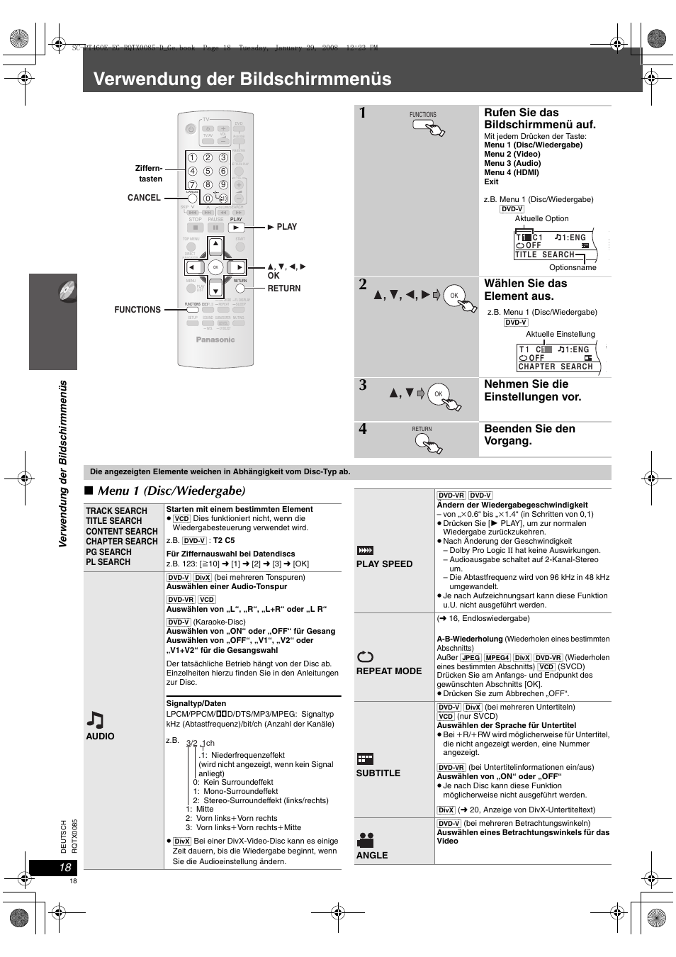 Verwendung der bildschirmmenüs, Menu 1 (disc/wiedergabe), Rufen sie das bildschirmmenü auf | Wählen sie das element aus, Nehmen sie die einstellungen vor, Beenden sie den vorgang, Ve rwen du ng der bil d sc h irmmen üs | Panasonic SCPT460 User Manual | Page 18 / 116
