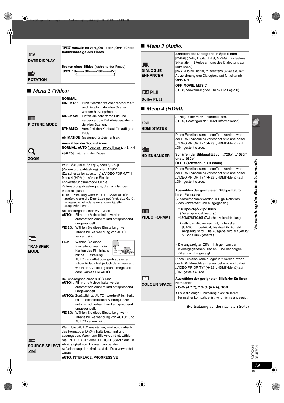 Menu 2 (video) ∫ menu 3 (audio) ∫ menu 4 (hdmi), Plii | Panasonic SCPT460 User Manual | Page 19 / 116