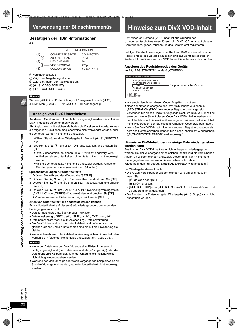Hinweise zum divx vod-inhalt, Verwendung der bildschirmmenüs, Bestätigen der hdmi-informationen | Panasonic SCPT460 User Manual | Page 20 / 116