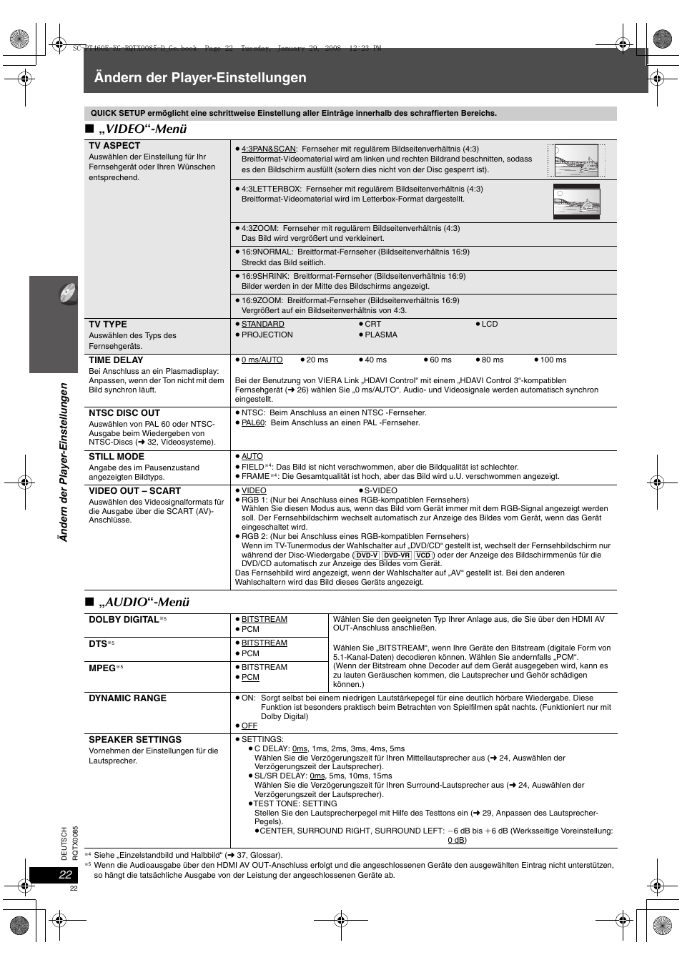 Ändern der player-einstellungen, Video “ -menü ∫ „ audio “ -menü | Panasonic SCPT460 User Manual | Page 22 / 116