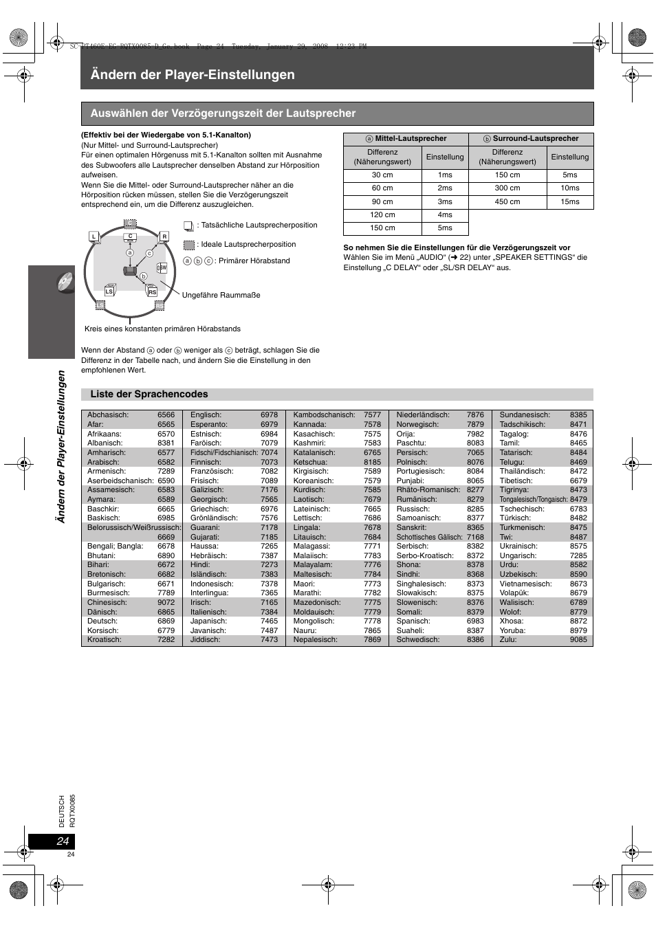 Ändern der player-einstellungen, Auswählen der verzögerungszeit der lautsprecher | Panasonic SCPT460 User Manual | Page 24 / 116