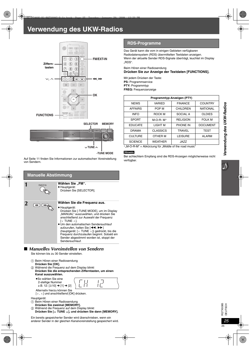 Verwendung des ukw-radios, Manuelles voreinstellen von sendern, Manuelle abstimmung | Rds-programme | Panasonic SCPT460 User Manual | Page 25 / 116