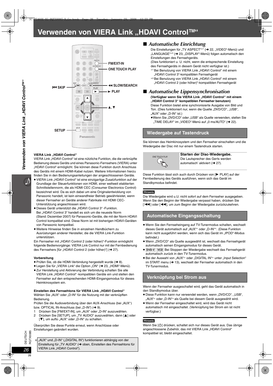 Verwenden von viera link „hdavi control, Automatische einrichtung, Automatische lippensynchronisation | Wiedergabe auf tastendruck | Panasonic SCPT460 User Manual | Page 26 / 116