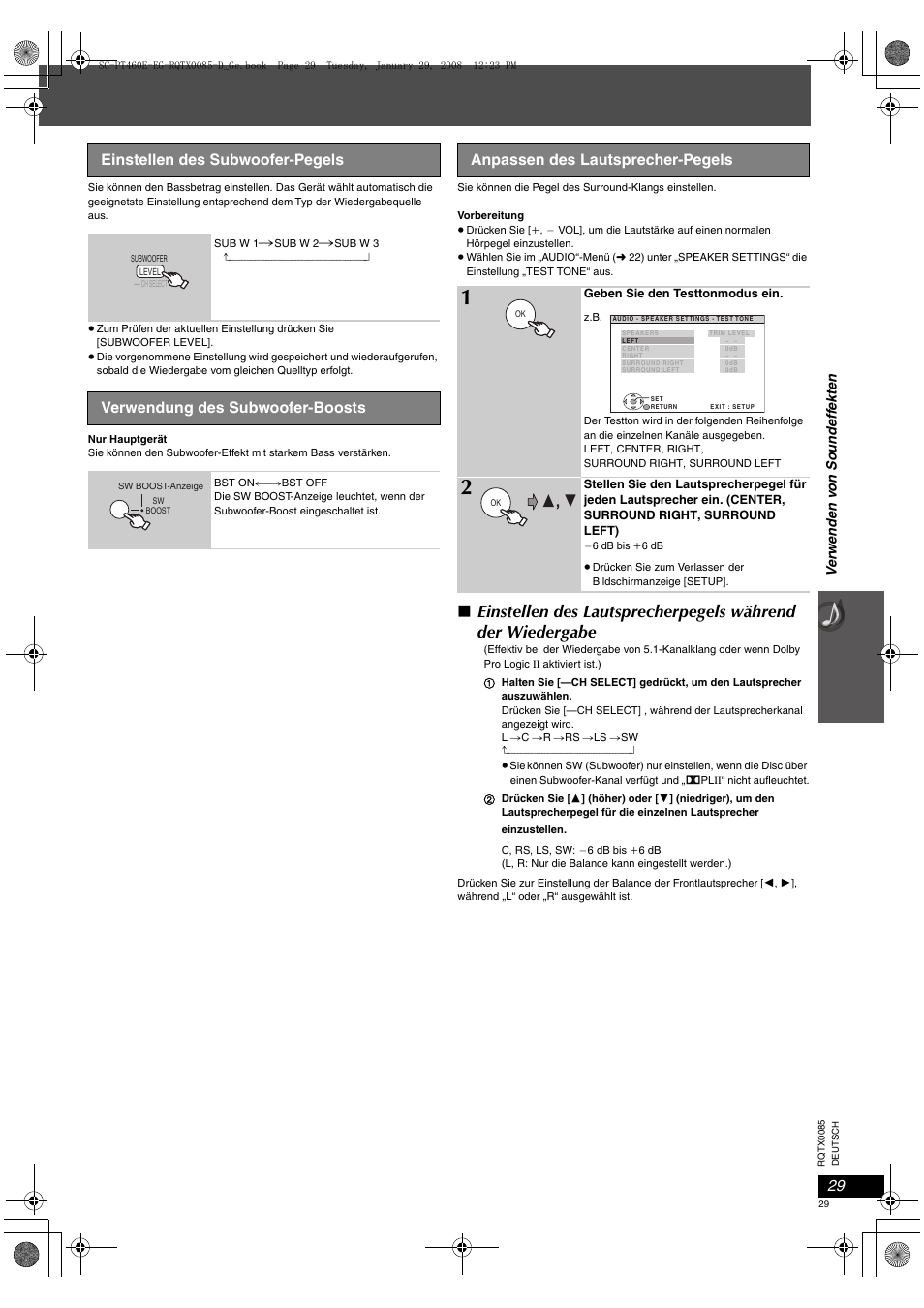 Einstellen des subwoofer-pegels, Verwendung des subwoofer-boosts, Anpassen des lautsprecher-pegels | Panasonic SCPT460 User Manual | Page 29 / 116