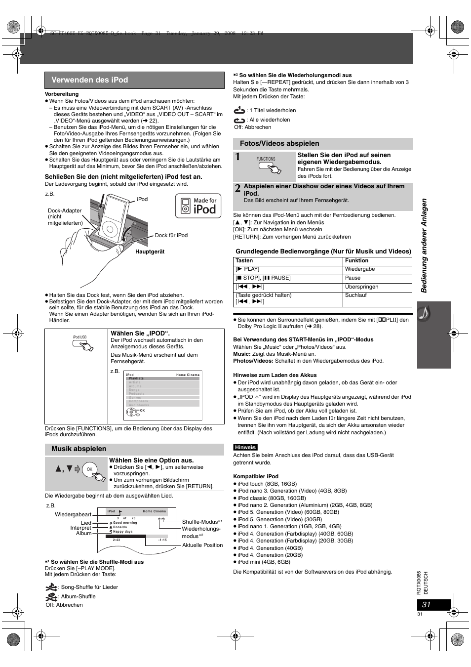 Verwenden des ipod | Panasonic SCPT460 User Manual | Page 31 / 116