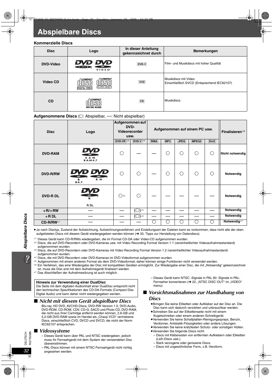 Abspielbare discs, Nicht mit diesem gerät abspielbare discs, Videosysteme | Vorsichtsmaßnahmen zur handhabung von discs | Panasonic SCPT460 User Manual | Page 32 / 116
