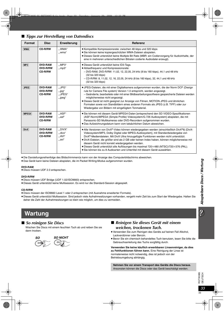 Wartung, Tipps zur herstellung von datendiscs, So reinigen sie discs | Panasonic SCPT460 User Manual | Page 33 / 116