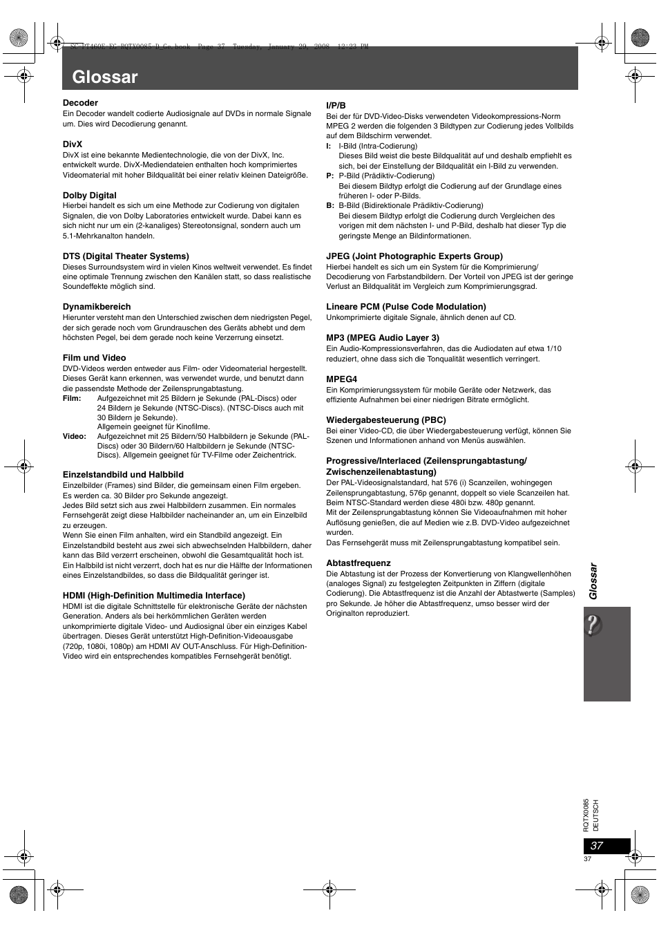 Glossar | Panasonic SCPT460 User Manual | Page 37 / 116