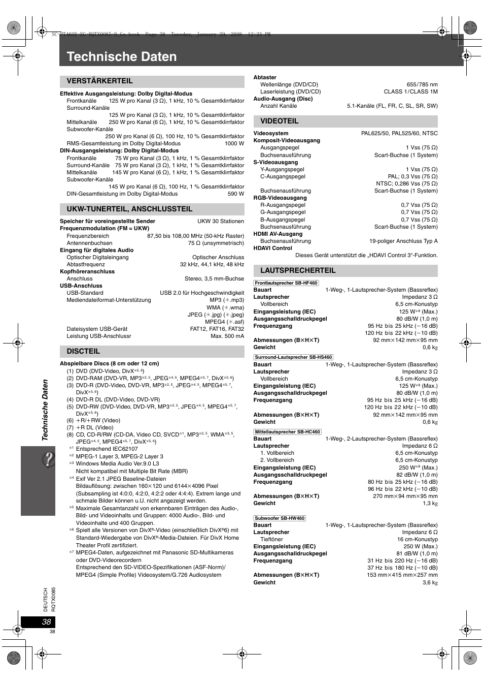 Technische daten | Panasonic SCPT460 User Manual | Page 38 / 116