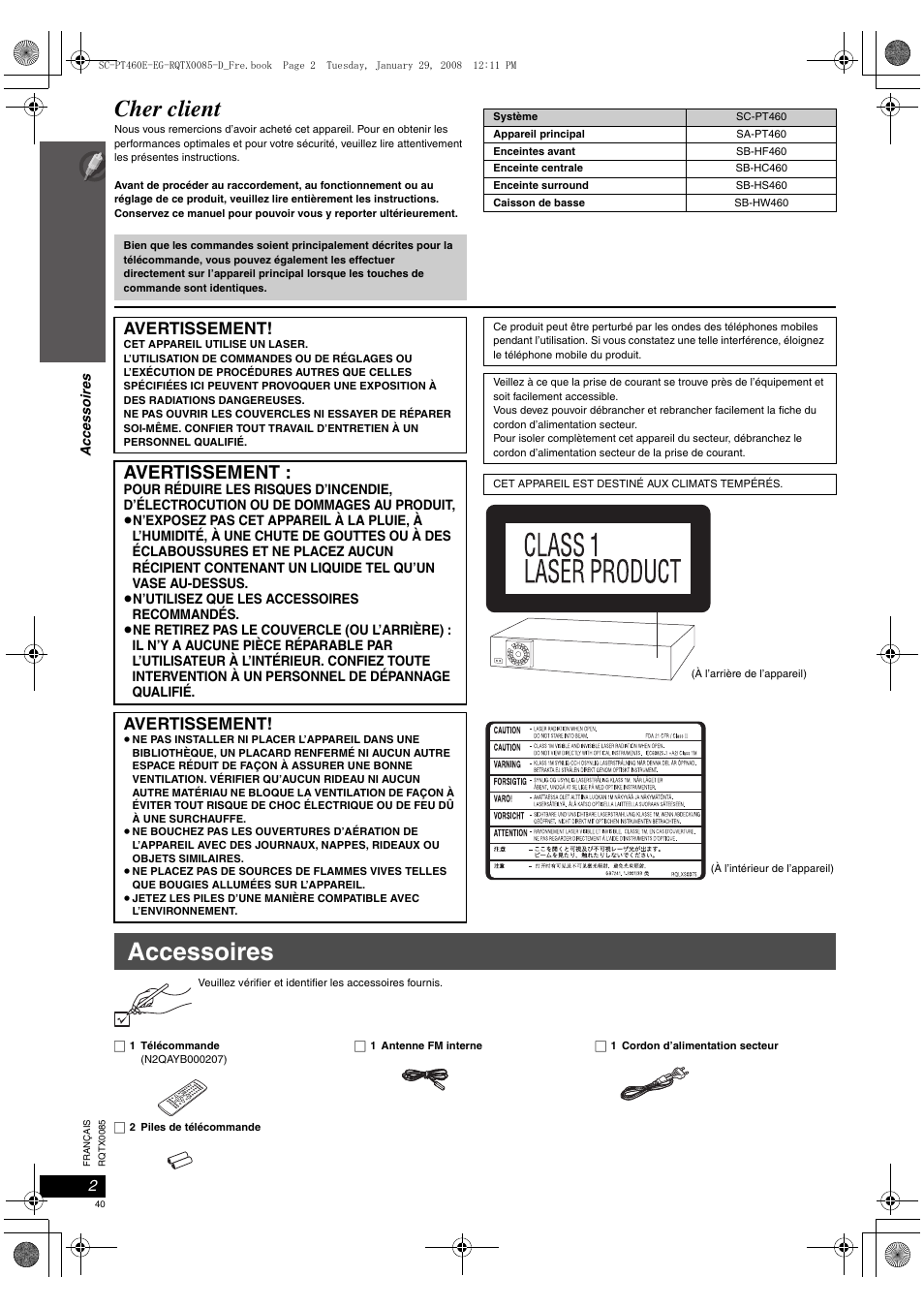 Accessoires, Cher client, Avertissement | Panasonic SCPT460 User Manual | Page 40 / 116