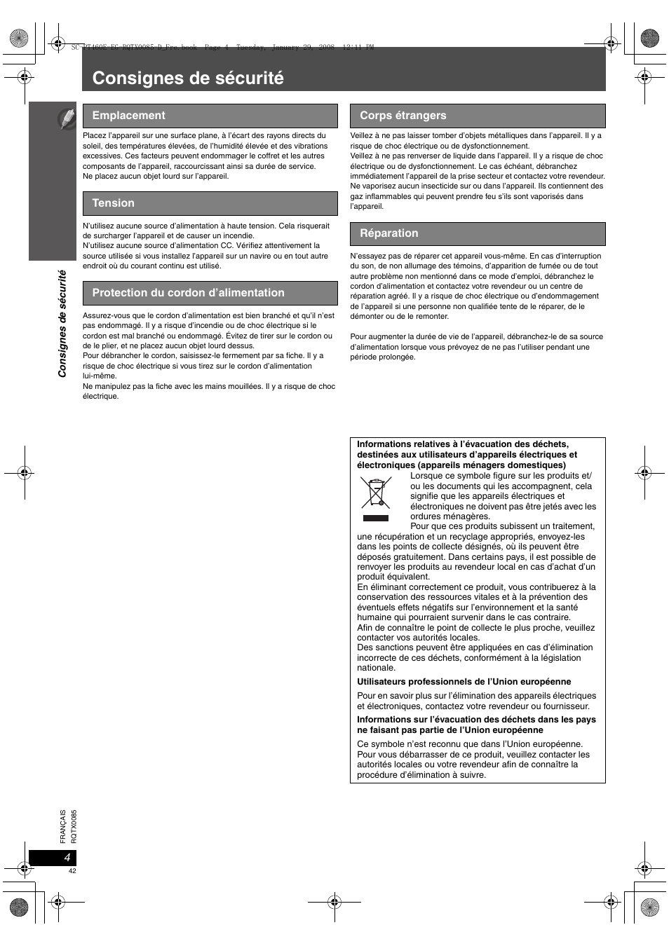 Consignes de sécurité | Panasonic SCPT460 User Manual | Page 42 / 116