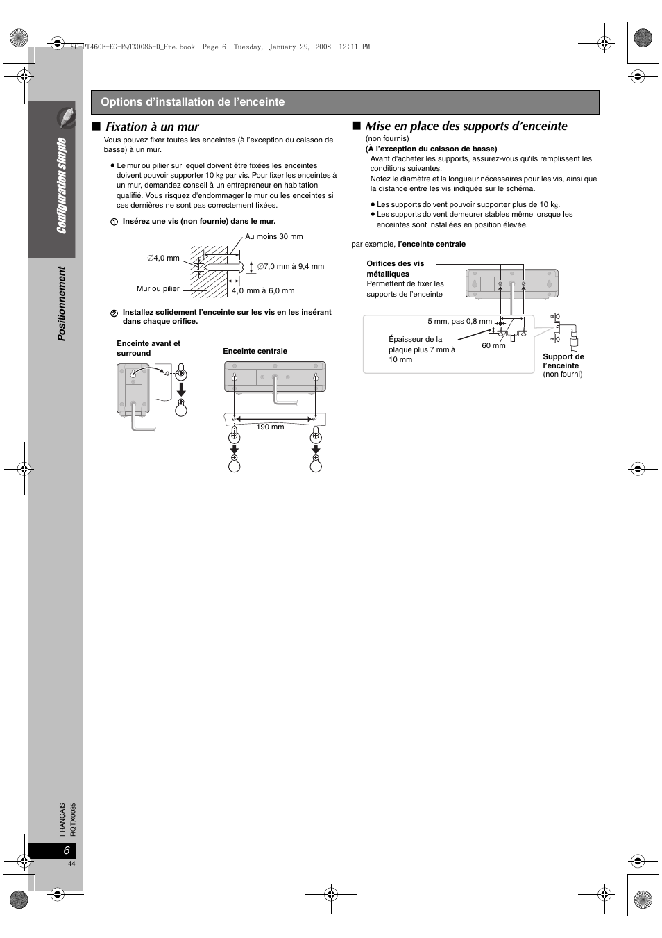 Fixation à un mur, Mise en place des supports d’enceinte, Configurati on simple | Panasonic SCPT460 User Manual | Page 44 / 116
