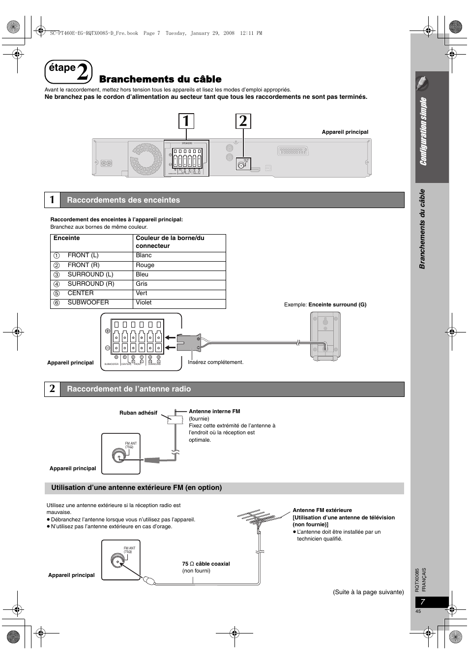 Étape, Branchements du câble, Configurati on simple | Raccordements des enceintes, Raccordement de l’antenne radio, Br anc h eme n ts du câb le | Panasonic SCPT460 User Manual | Page 45 / 116
