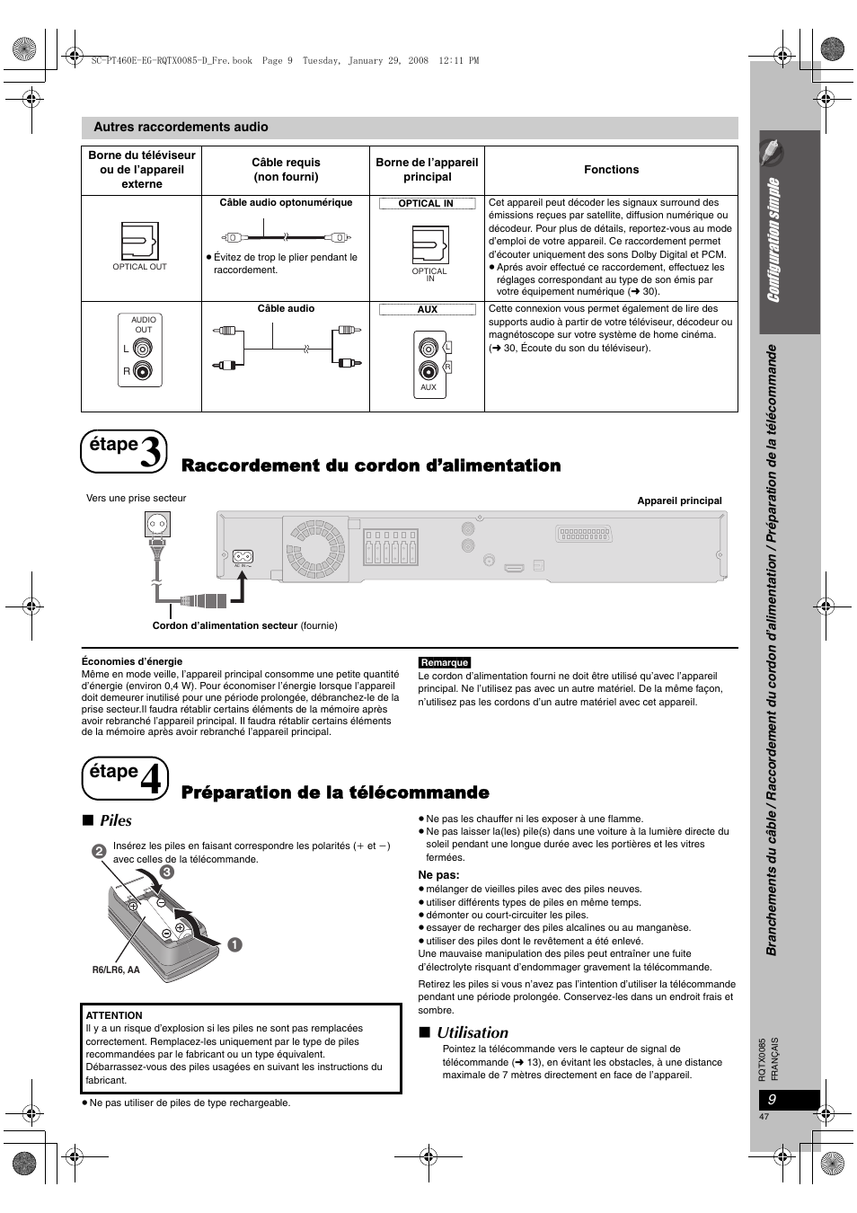 Étape, Raccordement du cordon d’alimentation, Préparation de la télécommande | Piles, Utilisation | Panasonic SCPT460 User Manual | Page 47 / 116