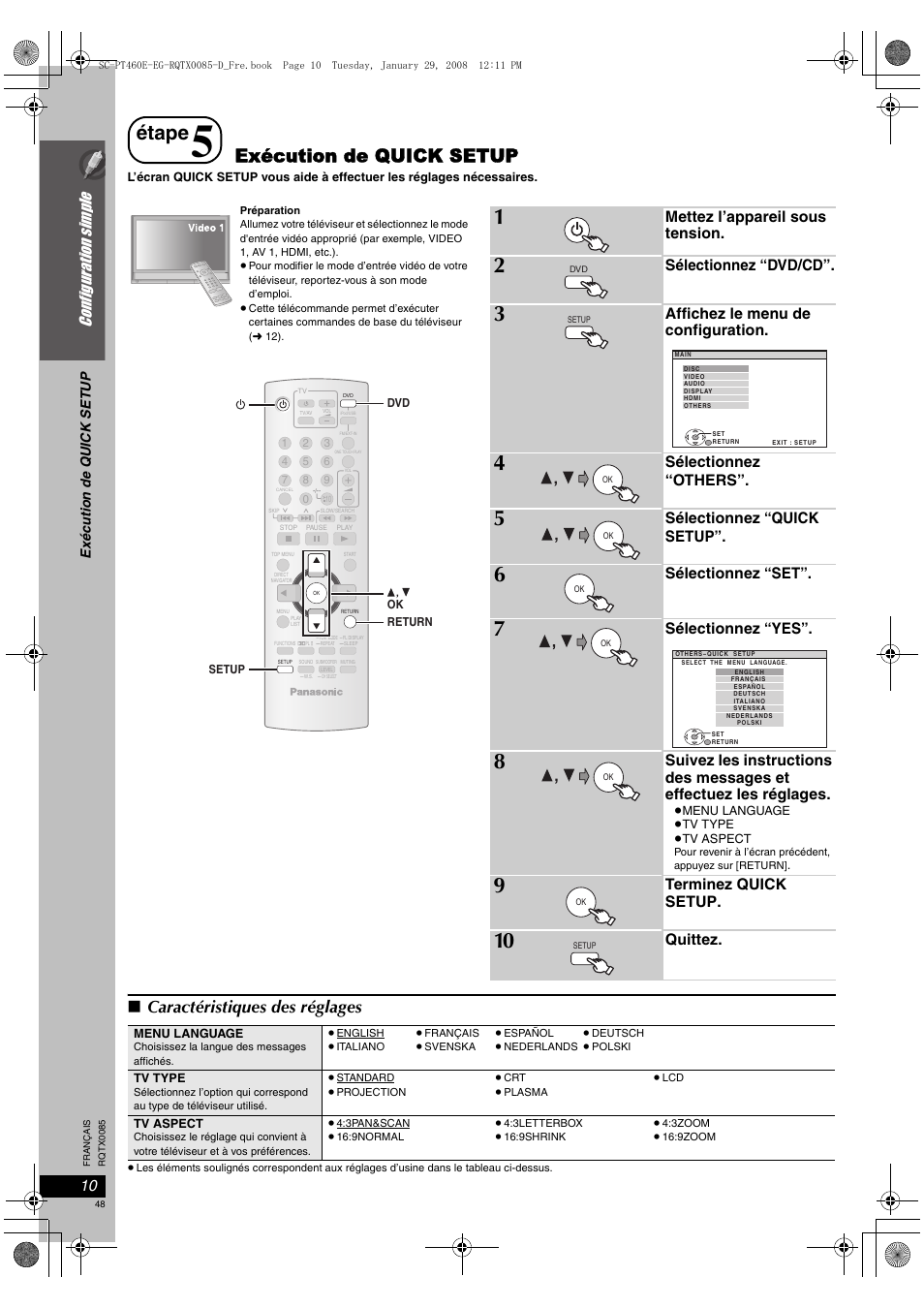 Étape, Exécution de quick setup, Caractéristiques des réglages | Configurati on simple, Mettez l’appareil sous tension, Sélectionnez “dvd/cd, Affichez le menu de configuration, Sélectionnez “others, Sélectionnez “quick setup, Sélectionnez “set | Panasonic SCPT460 User Manual | Page 48 / 116
