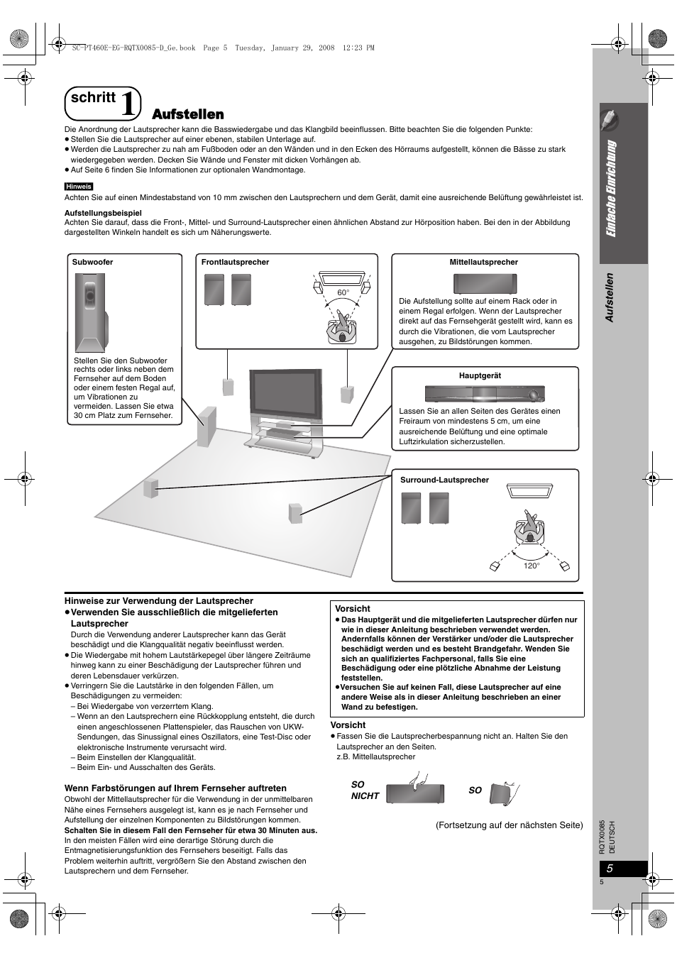 Schritt, Aufstellen, Einfac he e inrichtung | Panasonic SCPT460 User Manual | Page 5 / 116
