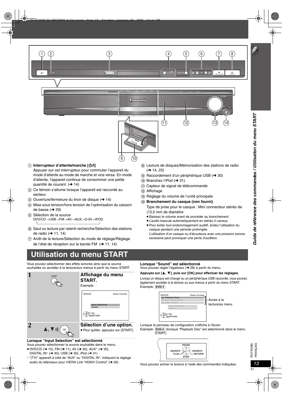 Utilisation du menu start, Affichage du menu start, Sélection d’une option | Panasonic SCPT460 User Manual | Page 51 / 116