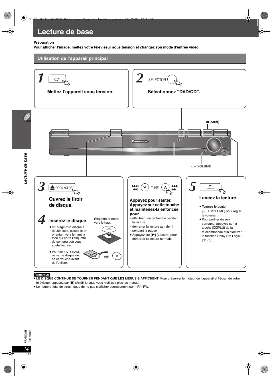 Lecture de base | Panasonic SCPT460 User Manual | Page 52 / 116