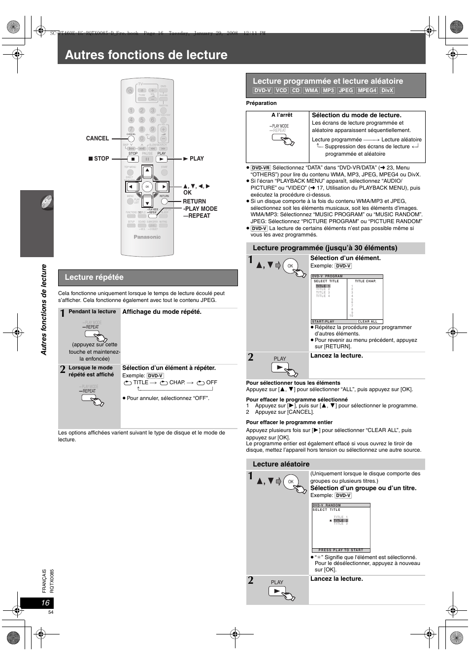 Autres fonctions de lecture, Lecture répétée, Lecture programmée et lecture aléatoire | Au tr es f o nctions de lecture, Lecture programmée (jusqu’à 30 éléments), Lecture aléatoire | Panasonic SCPT460 User Manual | Page 54 / 116