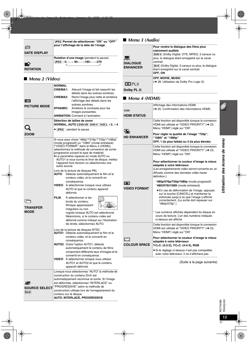 Menu 2 (video) ∫ menu 3 (audio) ∫ menu 4 (hdmi), Plii | Panasonic SCPT460 User Manual | Page 57 / 116